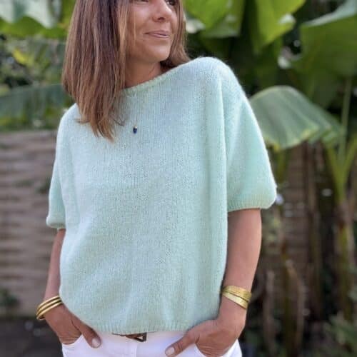 Gilet manches courtes Liani en kid mohair vert d’eau