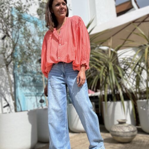 jean wide leg bleu clair coupe ample et détails usés Georges
