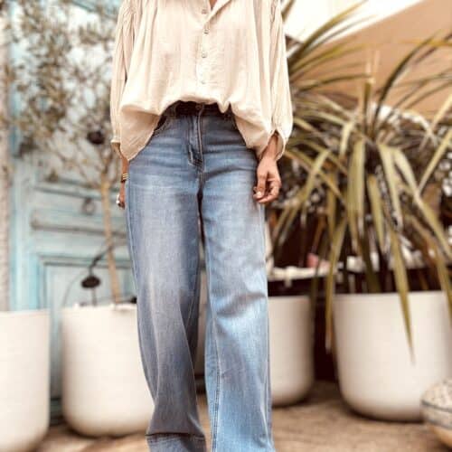 jean wide leg bleu clair coupe ample et détails usés Georges