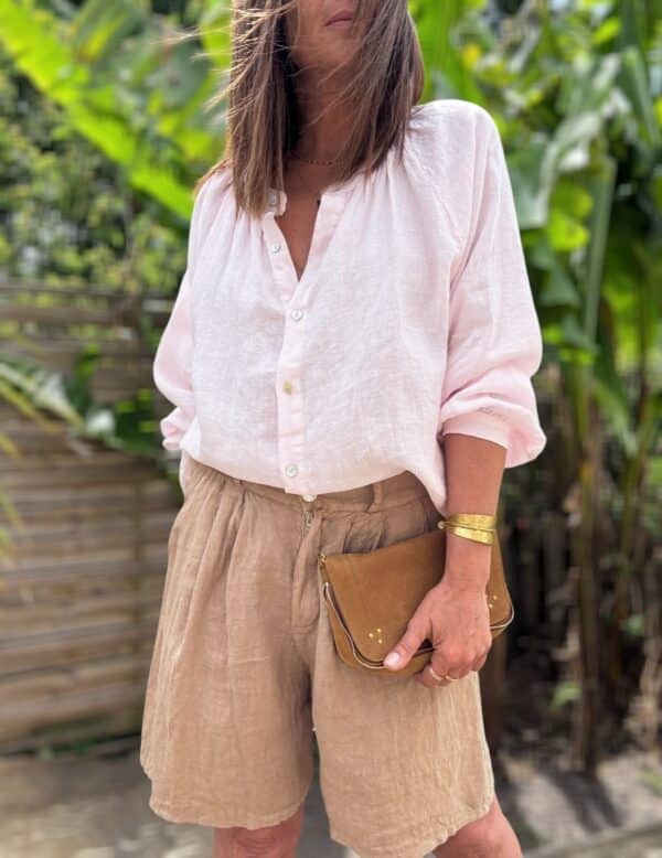 Chemise en lin rose poudré Albane, coupe, ample et col mao – Image 7