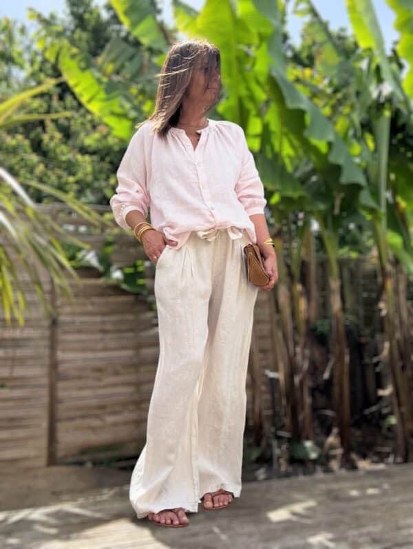 Chemise en lin rose poudré Albane, coupe, ample et col mao – Image 6