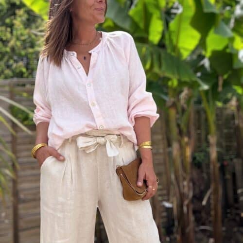 Chemise en lin rose poudré Albane, coupe, ample et col mao
