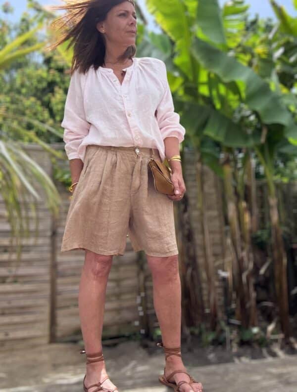 Chemise en lin rose poudré Albane, coupe, ample et col mao – Image 3