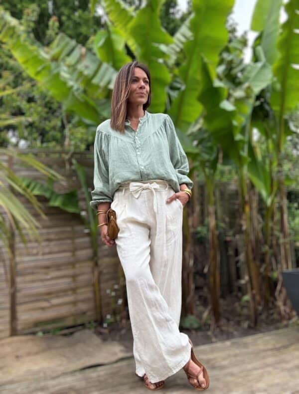 Chemise en lin kaki Romane manches ballon – Image 6