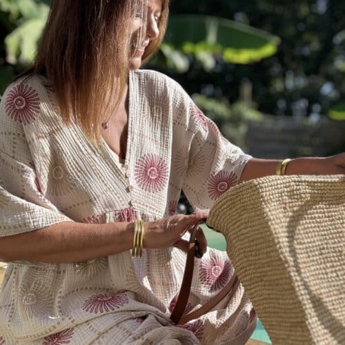 Robe longue beige Pipa motifs framboise & beige