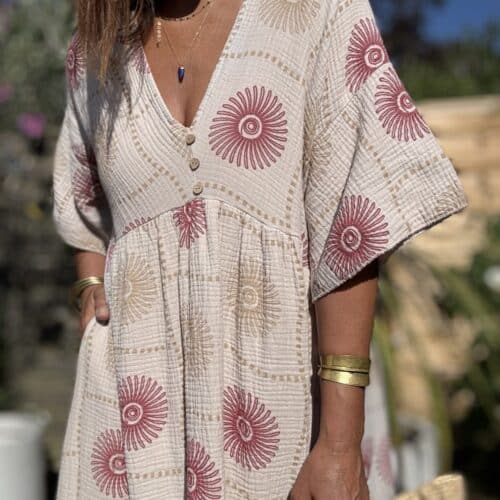 Robe longue beige Pipa motifs framboise & beige