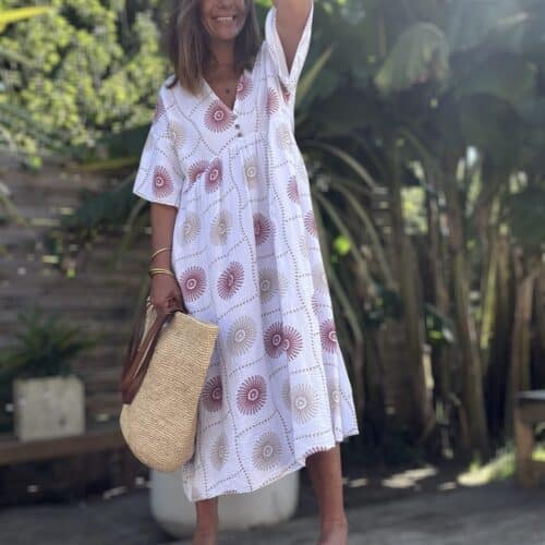 Robe longue blanche Pipa motifs framboise & beige
