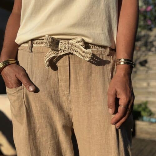 Pantalon camel Azélie en coton et lin