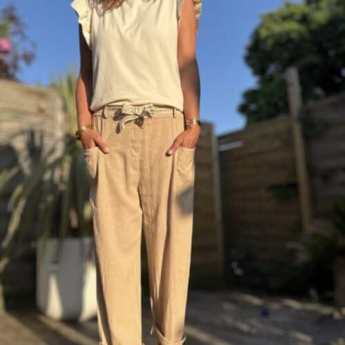 Pantalon camel Azélie en coton et lin