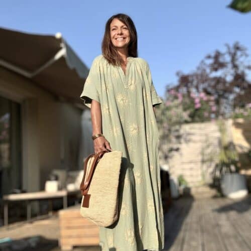 Robe longue ample Sun, Kaki clair, motif soleil pailleté
