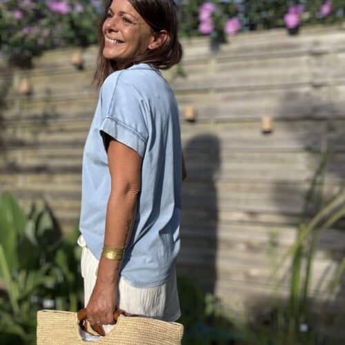 T-shirt en coton délavé jean clair col V Lior