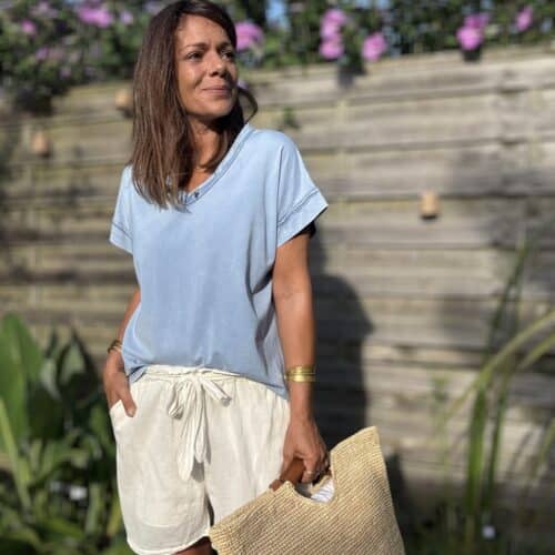 T-shirt en coton délavé jean clair col V Lior