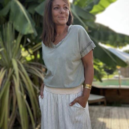 T-shirt en coton délavé kaki col V Lior