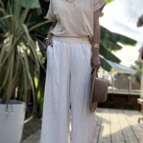 Pantalon large rayé beige Cassia en coton et lin