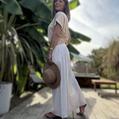 Pantalon large rayé beige Cassia en coton et lin