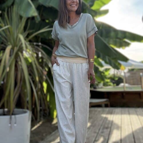 Pantalon large rayé kaki Cassia en coton et lin
