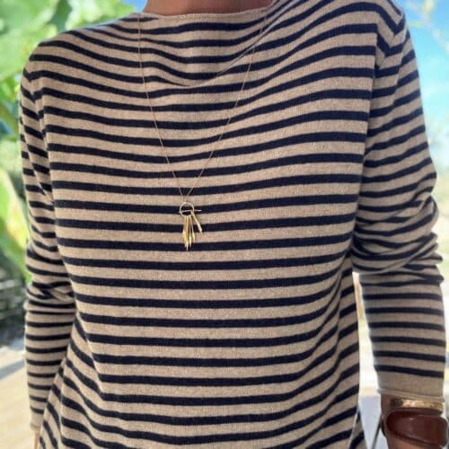 Pull en cachemire et laine rayé marine et taupe