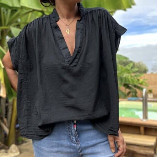 Blouse ample Théa en voile de coton noir