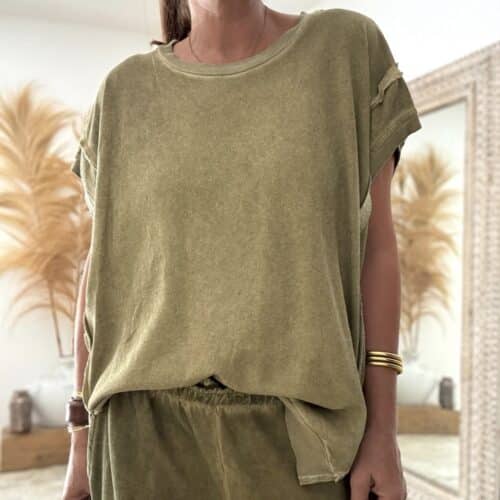 Sweat oversize en coton délavé vert manches courtes