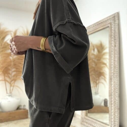 Sweat oversize en coton noir délavé manches 3/4