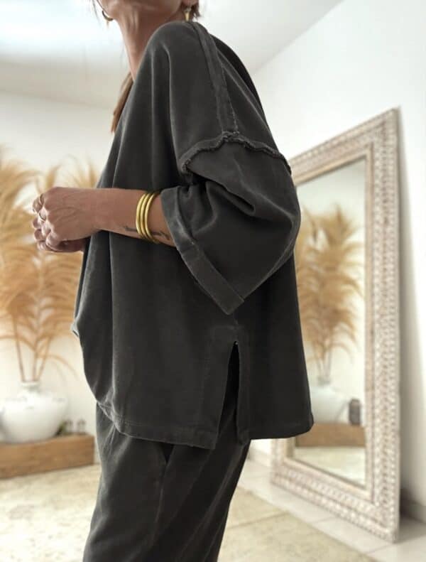 Sweat oversize en coton noir délavé manches 3/4