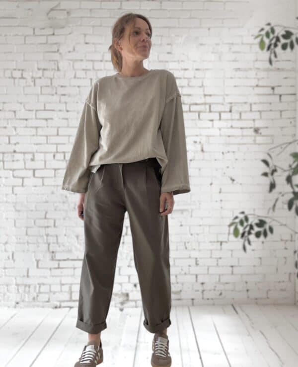 Sweat oversize en coton beige délavé manches longues – Image 4