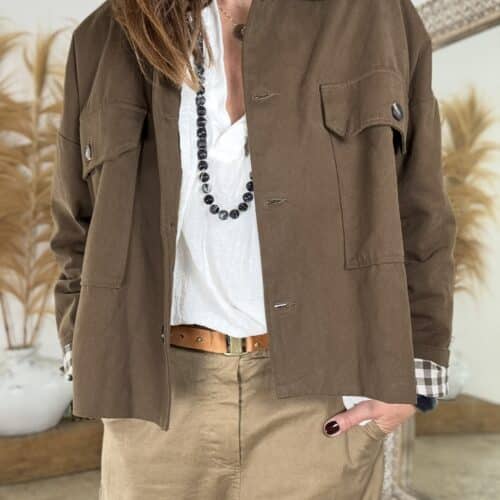 Veste ample en coton chocolat doublée à carreaux