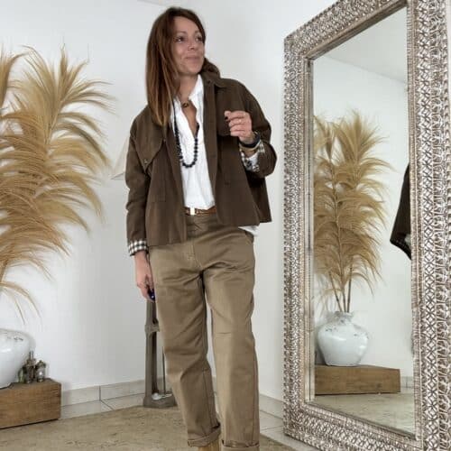 Veste ample en coton chocolat doublée à carreaux