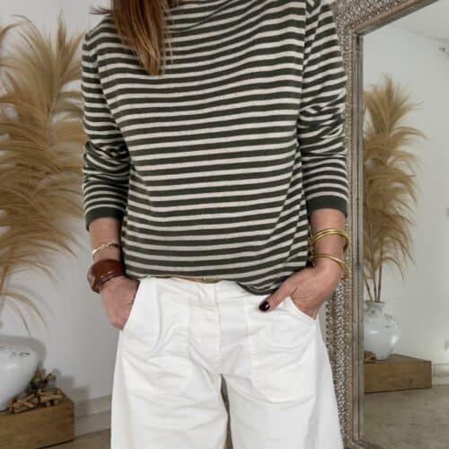 Pull en cachemire et laine rayé taupe et kaki