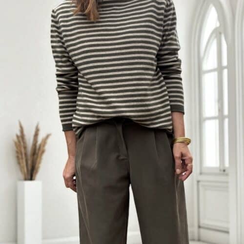 Pull en cachemire et laine rayé taupe et kaki