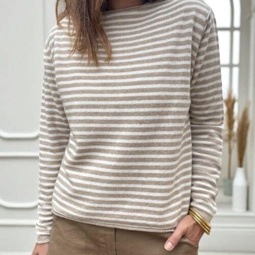 Pull en cachemire et laine rayé écru et camel