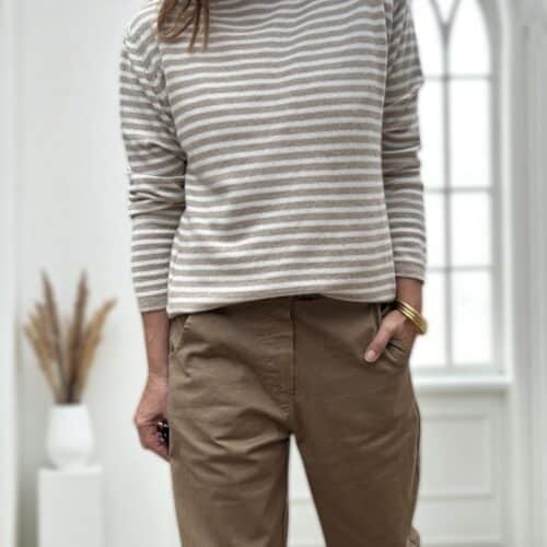 Pull en cachemire et laine rayé écru et camel