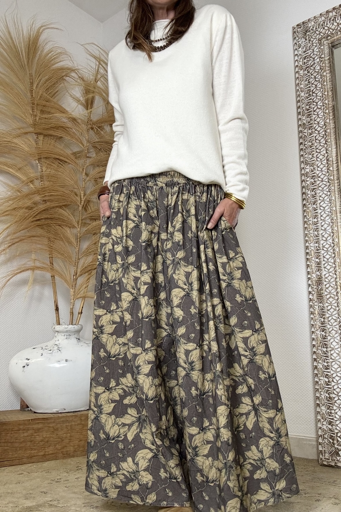 Jupe longue Athéna en velours chocolat et kaki – Image 4