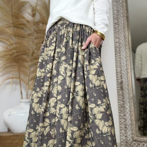 Jupe longue Athéna en velours chocolat et kaki