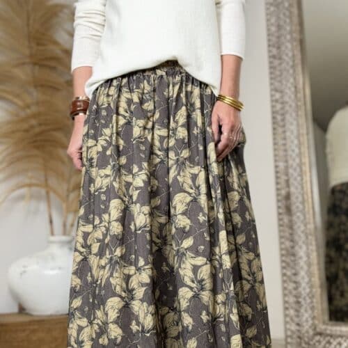 Jupe longue Athéna en velours chocolat et kaki