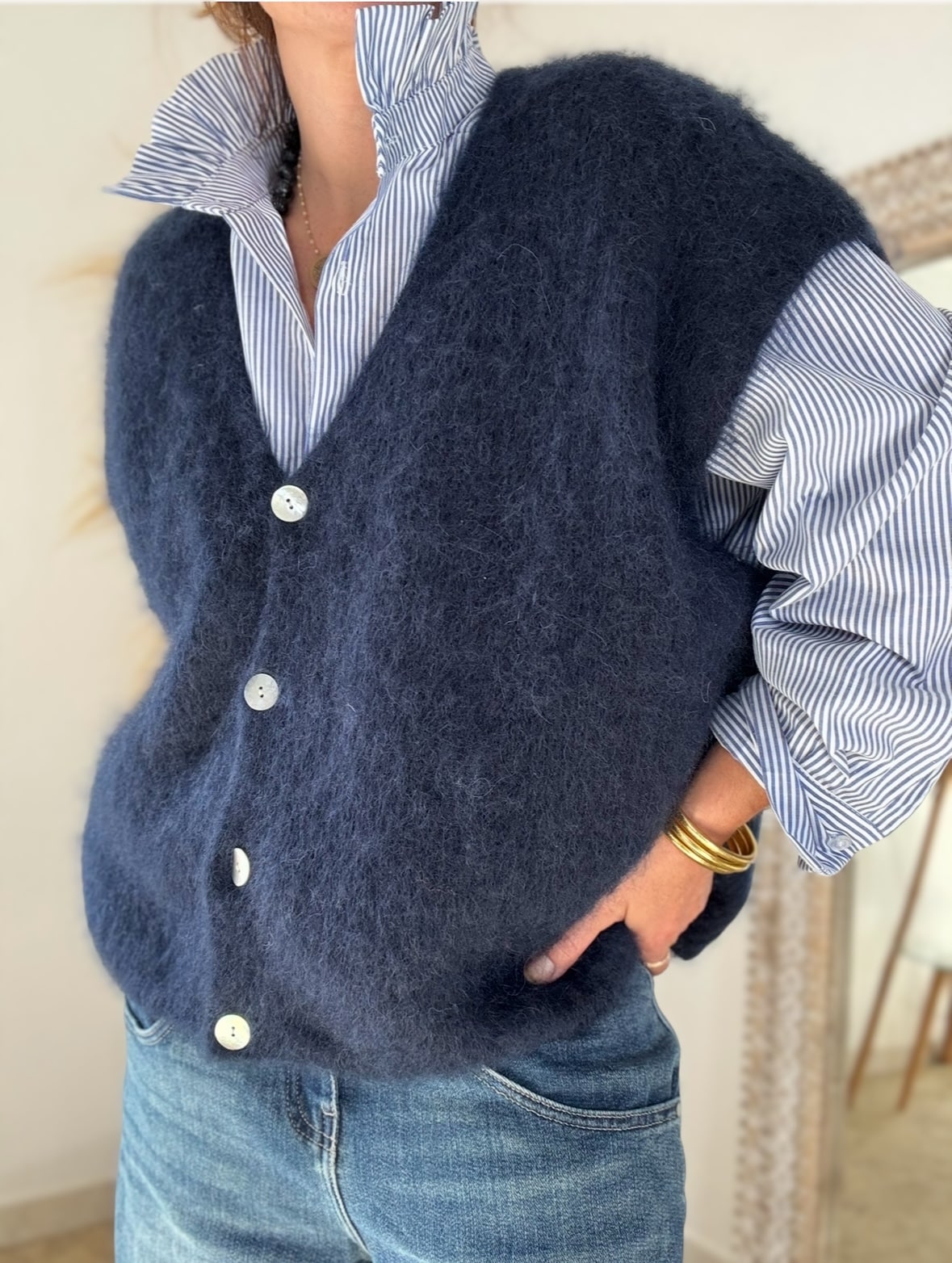 Gilet Marion ample sans manches marine en kid mohair