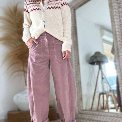 Pantalon Enzo en velours rose ancien , coupe ballon