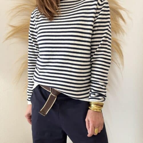 Pull fin Voltaire en cachemire et laine rayé marine et blanc