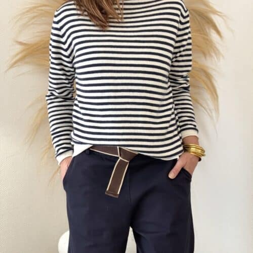 Pull fin Voltaire en cachemire et laine rayé marine et blanc