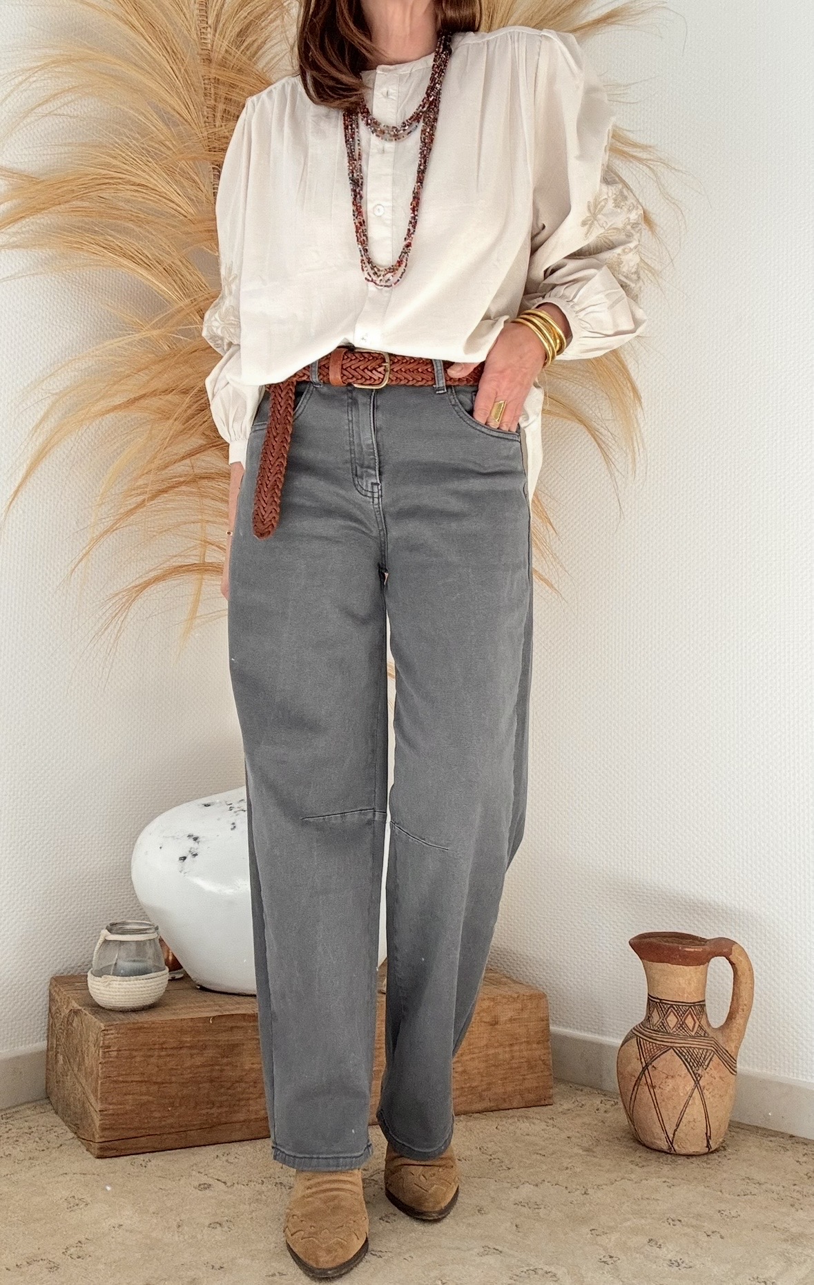 Chemise en voile de coton beige manches brodées – Image 6