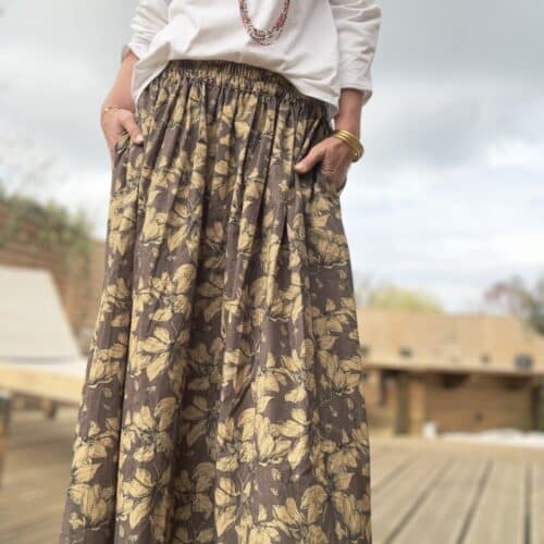 Jupe longue Athéna en velours chocolat et kaki