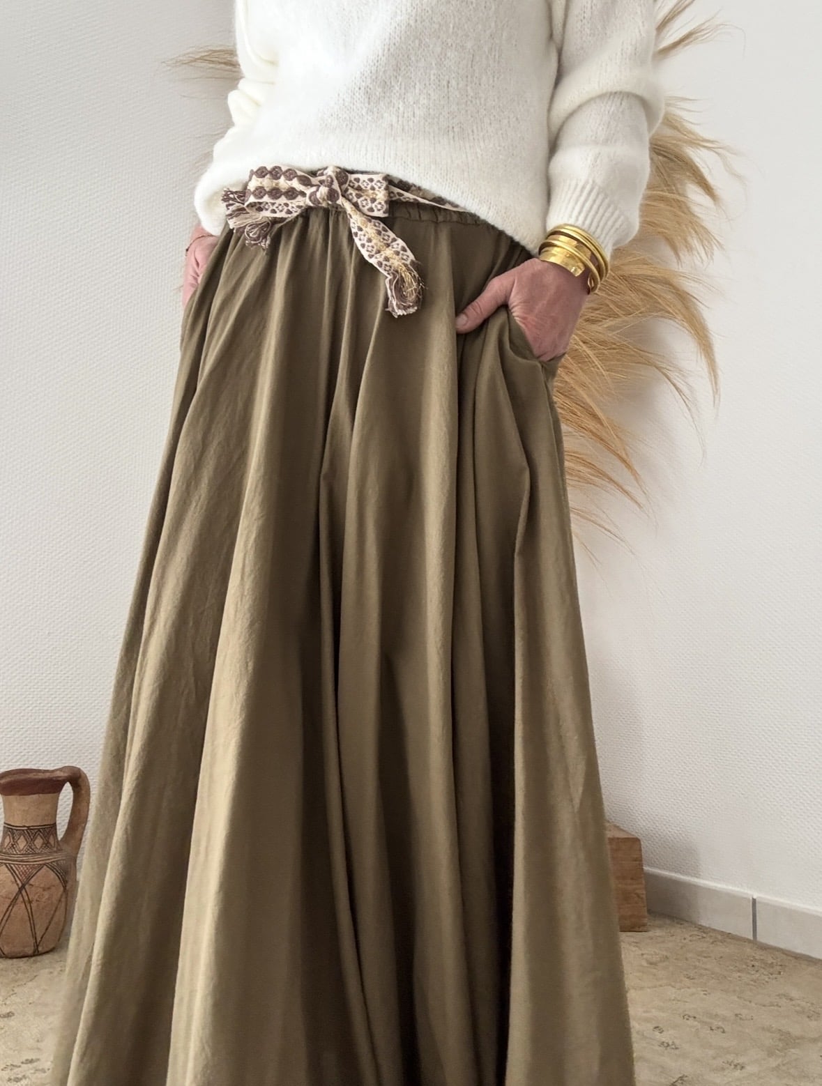 Jupe longue Evy en voile de coton vert agave – Image 4