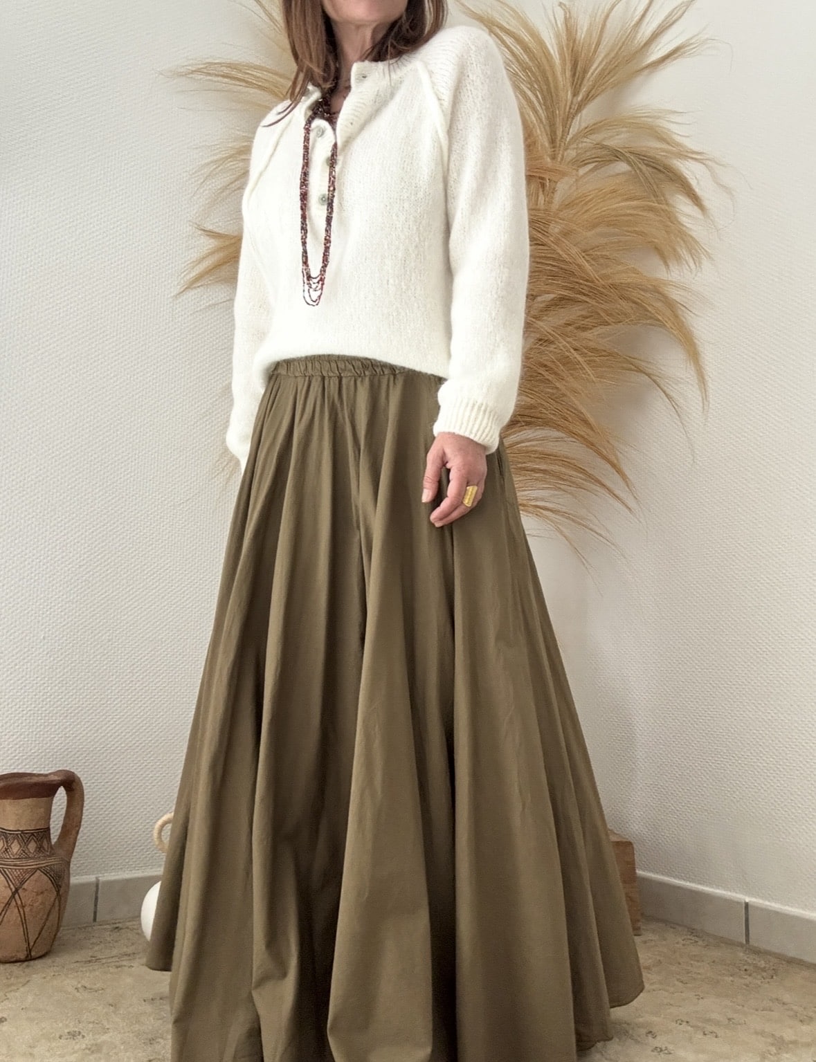 Jupe longue Evy en voile de coton vert agave – Image 2