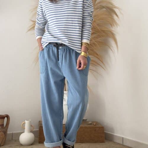 Pull fin Voltaire en cachemire et laine rayé bleu clair et blanc