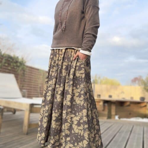 Jupe longue Athéna en velours chocolat et kaki