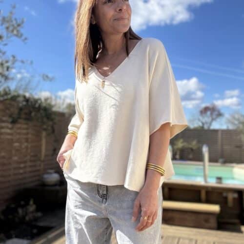 Pull ample écru Nano col V réversible