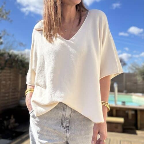 Pull ample écru Nano col V réversible