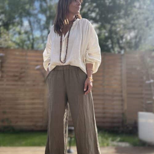 Pantalon Lumio en lin coupe droite ample kaki