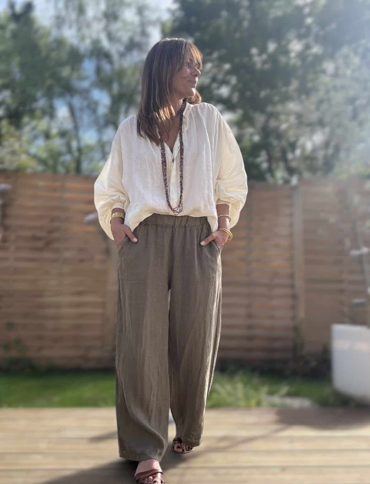 Pantalon Lumio en lin coupe droite ample kaki – Image 5