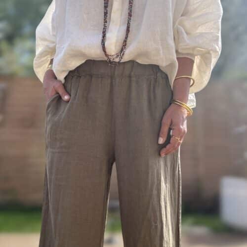 Pantalon Lumio en lin coupe droite ample kaki